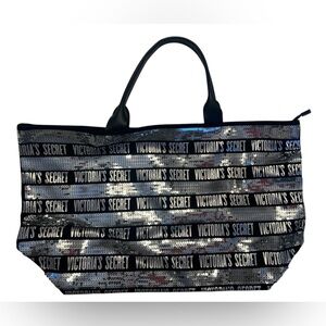 Victoria’s Secret Black Silver Sequin Logo Tote Zip Top